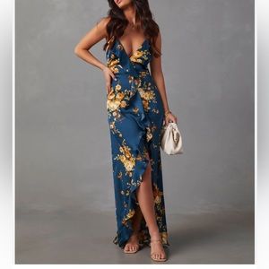 NWT VICI - CAPRICCIO SATIN FLORAL RUFFLE MAXI DRESS